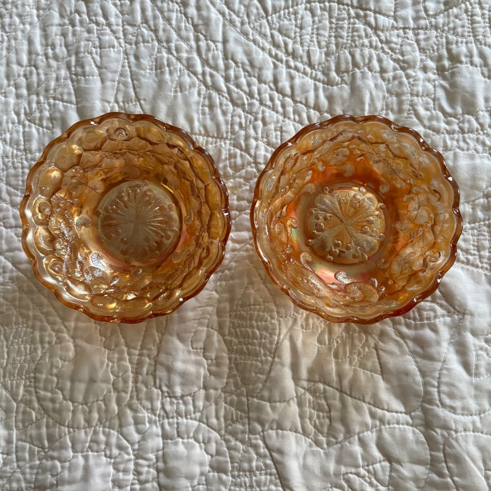 Vintage Fenton Marigold Carnival Glass‎ Ice Cream Bowls Set 2 Iridescent Scallop